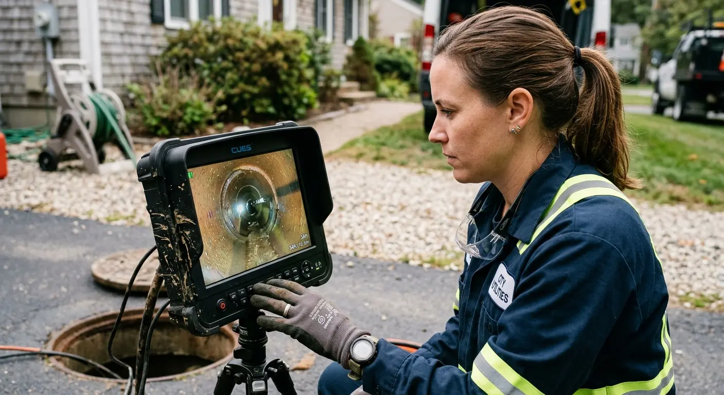 Technician reviewing sewer camera inspection footage in Bridge City
