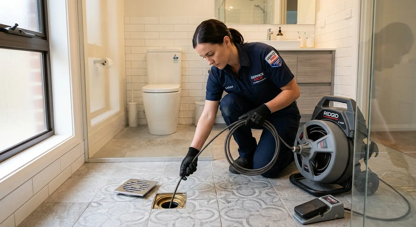 Technician clearing a bathroom floor drain for Sewer Line Installation in Bridge City